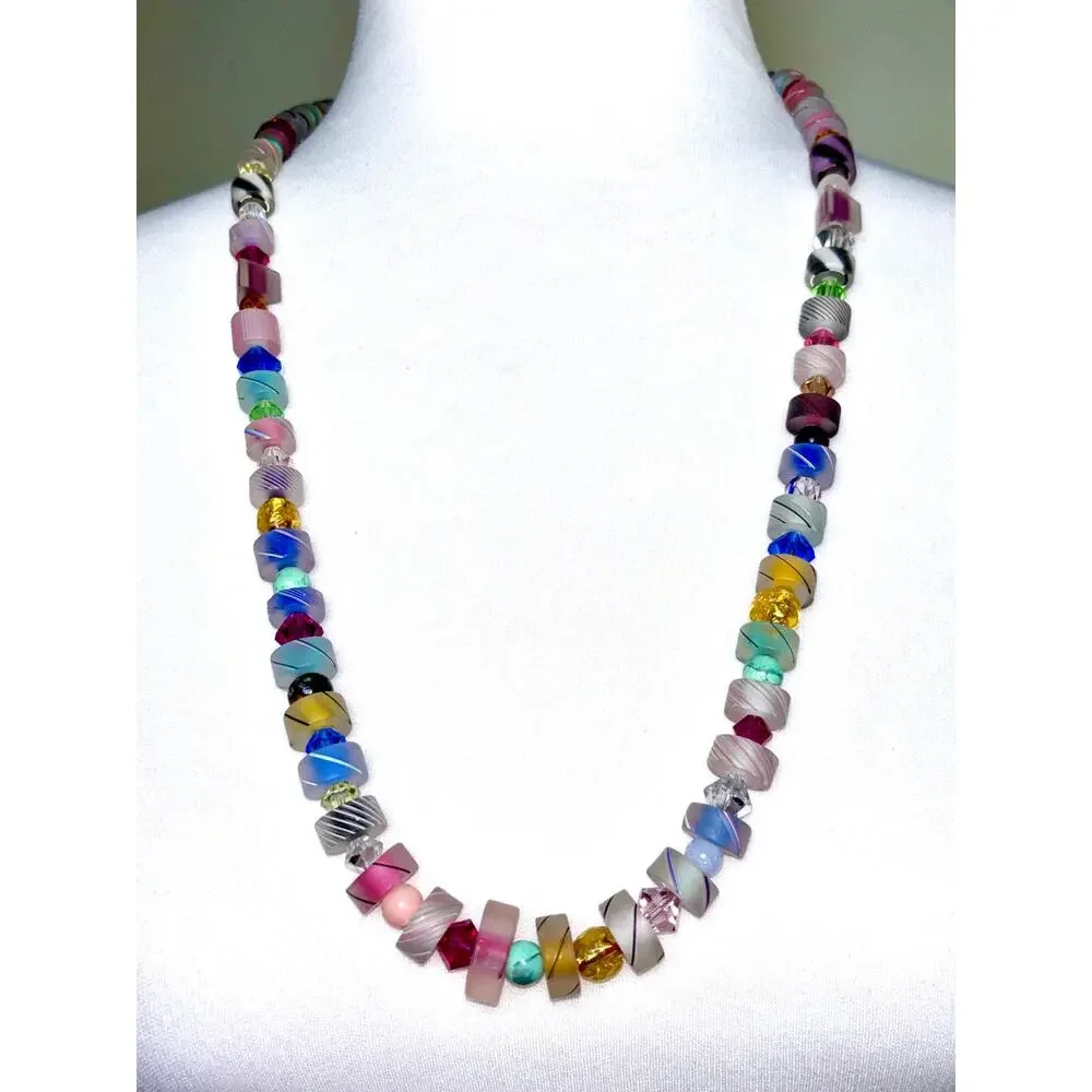 Vintage Artisan Multicolor Furnace Art Smoked Glass Beaded Necklace